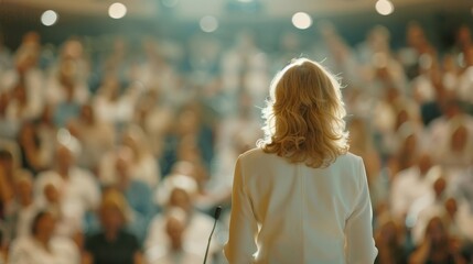 Photo of a woman addressing an audience in a seminar, back view, highlighting engagement and leadership themes.