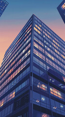 Artistic portrayal of an office building at dusk, highlighting the hustle of corporate culture and the urban business landscape3d vector illustrations
