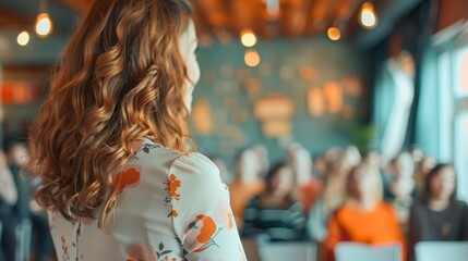 Obraz premium Photo of a woman addressing an audience in a seminar, back view, highlighting engagement and leadership themes.