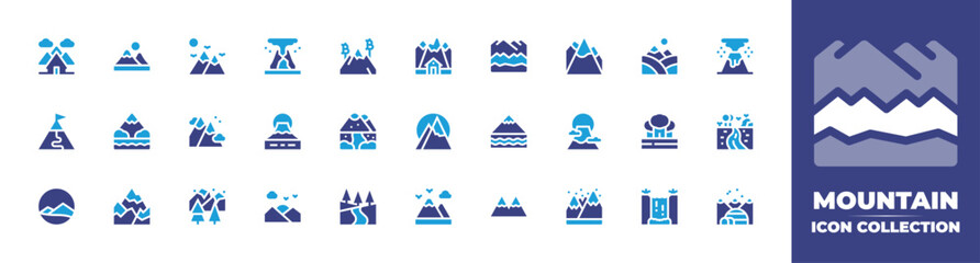 Mountain icon collection. Duotone color. Vector and transparent illustration. Containing mountains, mountain, sunrise, house, fujimountain, fuji, volcano, bitcoin, sunset, route, river.