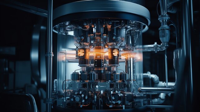 A large, complex machine with a glass dome and a variety of pipes and wires attached to it.