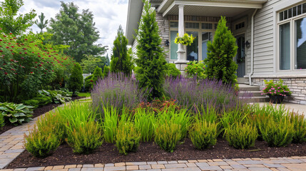 Obraz premium Serene and structured front yard with symmetrical tall shrubs and various short flowering plants