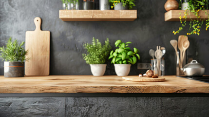 Wooden countertop with cooking houseplants and utensil
