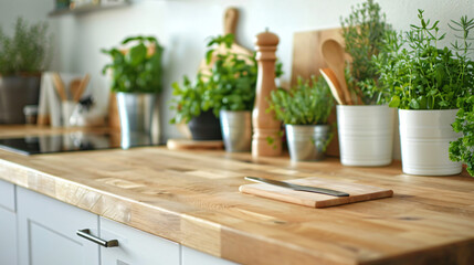 Wooden countertop with cooking houseplants and utensil