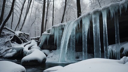 Frozen waterfall in winter forest. Winter landscape with frozen waterfall.