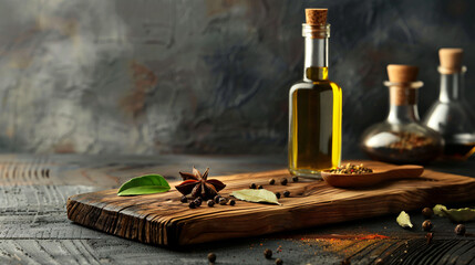 Wooden cutting board bottle of oil and spices on dark