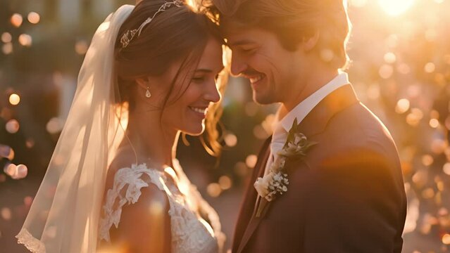 A bride and groom are smiling at the camera. The bride is wearing a white veil and the groom is wearing a suit