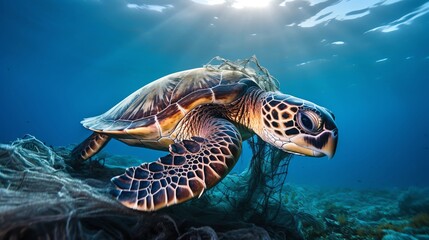 Fototapeta premium A sea turtle swims through a vast ocean of plastic trash