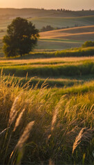 Embrace the beauty of summer in the countryside, a panoramic view of a rustic pastoral landscape, where vibrant flowering grasses sway in the golden light of sunrise or sunset.