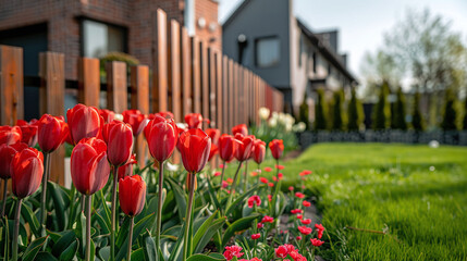 Blooming red tulips in the yard near the house