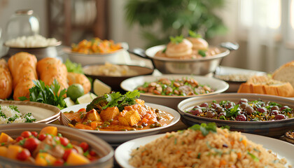 Traditional Eastern dishes for Ramadan on dining table in room, closeup