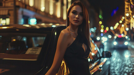 Young attractive woman model in a dress near a luxury car