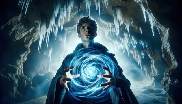young sorcerer channeling a powerful spell in an ancient cave. His expression is focused and determined,
