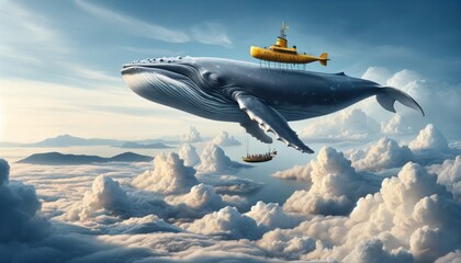 surreal scene where a giant gray humpback whale is floating in the sky, cleverly transformed into a flying vessel