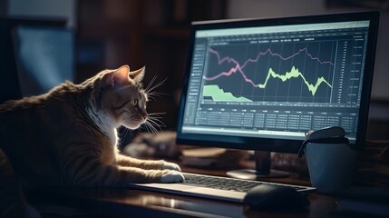 A business-savvy cat reviewing financial charts with a sleek laptop in a sophisticated office