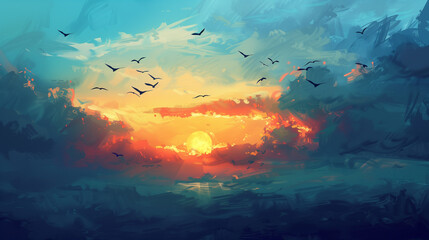 Fototapeta premium A painting depicting a sunrise with birds flying in the sky, symbolizing hope and new beginnings for World Wildlife Day. The artwork is rendered in the style of an impressionist artist, with vibrant 