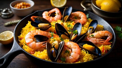 Seafood paella with shrimps and mussels in a frying pan, close up