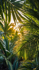Embrace the warmth of summer, a picturesque scene of sun rays dancing through vibrant green palm tree leaves, setting the stage for a perfect beach day.