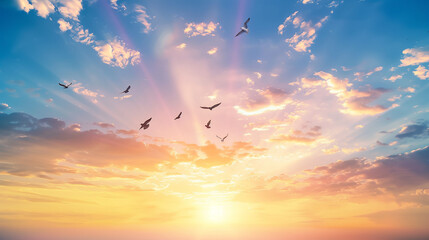 Obraz premium A painting depicting a sunrise with birds flying in the sky, symbolizing hope and new beginnings for World Wildlife Day. The artwork is rendered in the style of an impressionist artist, with vibrant 