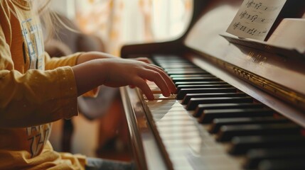 Child practices piano with increasing confidence, music sheets nearby
