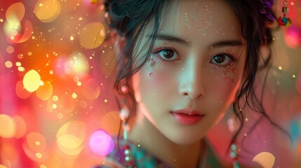 Fototapeta premium 美しいアジア人女性の顔クローズアップ,Generative AI AI画像