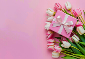 Mother's Day concept. Top view photo of pink tulip bouquet tied with ribbon gift box with bow and isolated pastel pink background