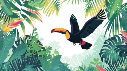 Toucan flying in tropical rainforest colorful beak 