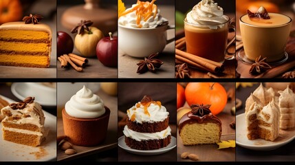 A collage of fall-flavored desserts, from pumpkin pie to caramel apples, - Powered by Adobe