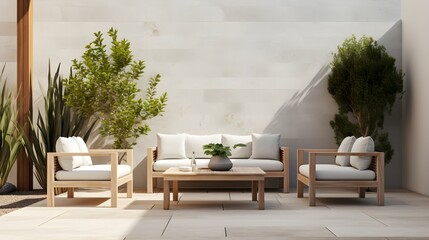 A contemporary patio featuring sleek outdoor furniture against a minimalist backdrop.