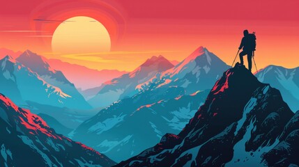 Image of Wanderlust Concept with Hiker Enjoying Sunset on Mountain Peak - obrazy, fototapety, plakaty