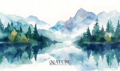 Watercolor forest landscape background. Beautiful watercolor nature landscape with lake,mountains and forest.Watercolor illustration design elements for landscape background and wallpaper.