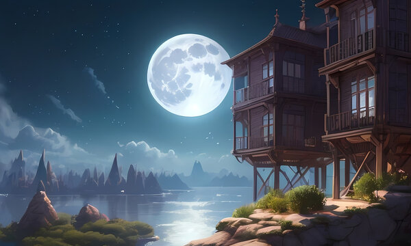View of the bright full moon on a beautiful night