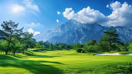 Golf course with mountain and blue sky background.