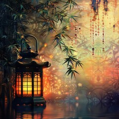 Illuminated traditional fanous lantern on a serene background Illuminated traditional fanous...
