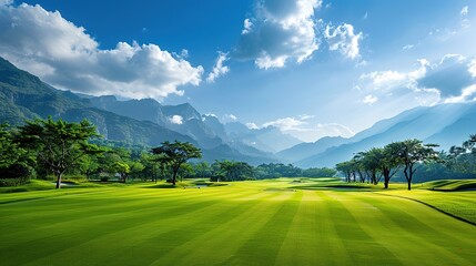 Golf course with mountain and blue sky background.