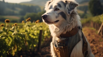 A fluffy dog in farmer attire,