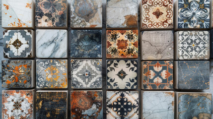 An assortment of decorative tiles with diverse patterns and color schemes, exhibiting a mix of geometric, floral, and abstract designs, arranged in a grid format.