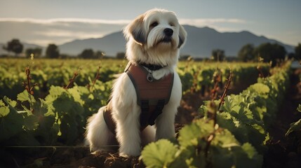 A fluffy dog in farmer attire,