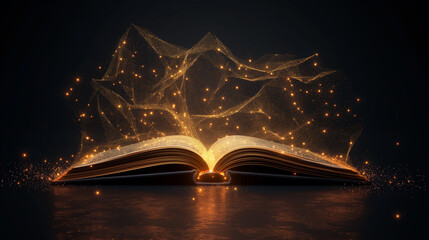 Open book side view with shining pages. Magic book. Low polygonal and wireframe from dots and lines.