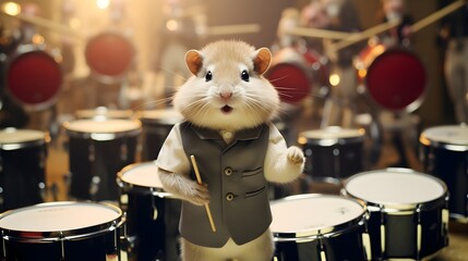 Obraz premium A hamster in a conductor's suit, leading a delightful orchestra of tiny instruments