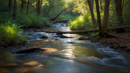 Enchanted forest brook, Gentle sunlight filtering through the trees, illuminating a meandering creek.