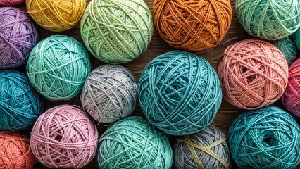 Balls of multicolored knitting threads in pastel colors. Craft knitting hobby background with yarn...