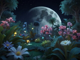 A beautiful fairytale enchanted forest at night with a big moon in the sky illuminating trees and great vegetation.

