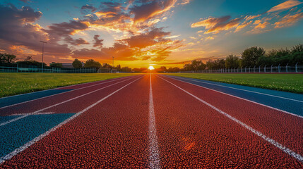 Red running track with white marking stripes without people, in sunset. Cinder treadmill in...