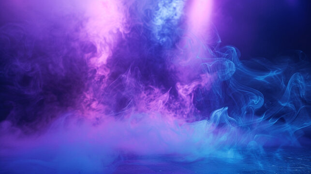 Soft aquamarine smoke curling across a stage under a bright purple spotlight, casting a cool, enchanting glow.