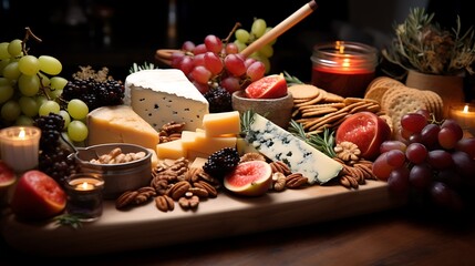 A festive holiday cheeseboard featuring an assortment of cheeses, crackers, fresh fruit, nuts, and preserves, perfect for entertaining guests during the holiday season.