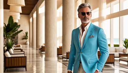 Elegant mature caucasian man in a stylish turquoise blazer posing confidently at a luxurious resort lobby, ideal for fashion and travel lifestyle content