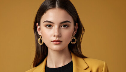 Elegant young woman with stylish earrings posing in a mustard blazer, ideal for fashion, beauty, and International Women's Day concepts