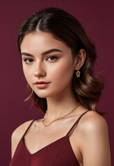 Elegant young woman with subtle makeup and jewelry posing on a burgundy background, ideal for beauty and fashion themes, related to Valentine's Day