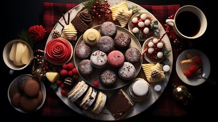 A festive holiday dessert platter featuring an assortment of sweets, including chocolate truffles, mini cheesecakes, fruit tarts, and sugar cookies, perfect for indulging during the holidays.